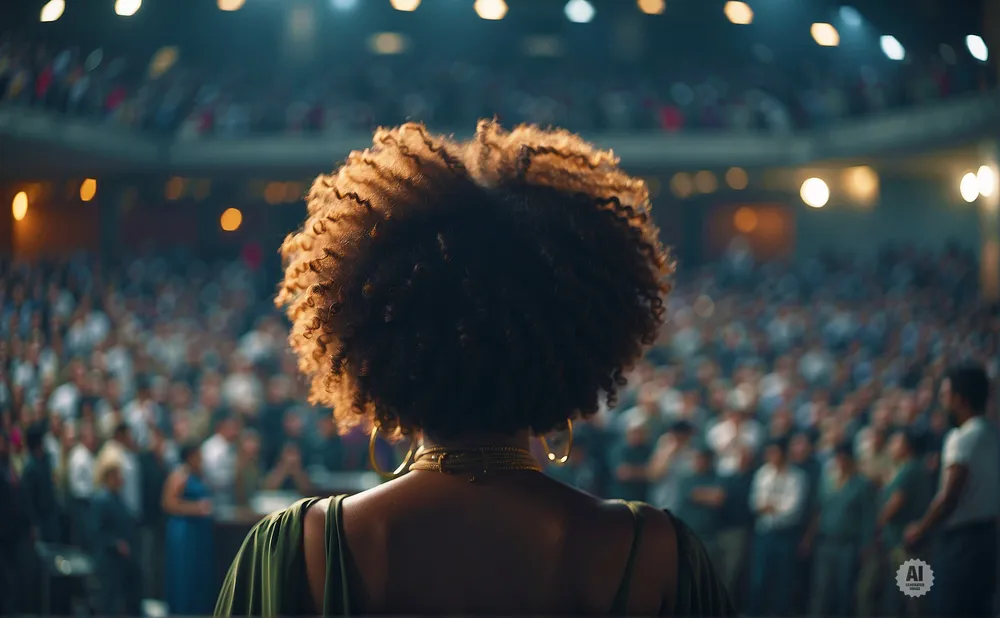 A woman with curly hair faces an audience in a dimly lit theater.