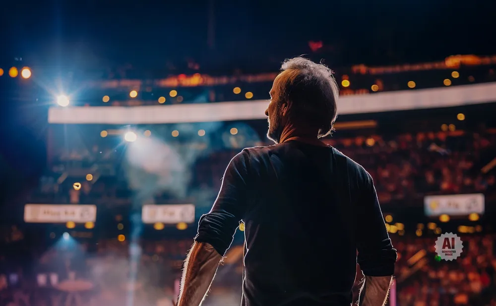 Man with grey hair stands on stage, facing a large audience.