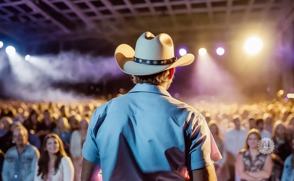 Man in a cowboy hat on stage faces a crowd at a concert.