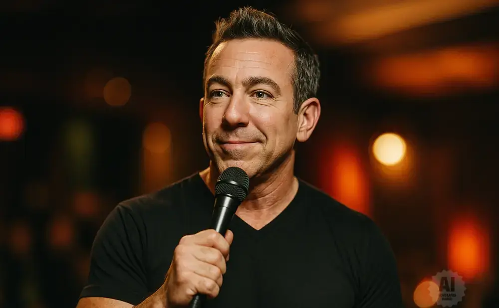 A man in a black shirt holds a microphone and smiles at a camera.