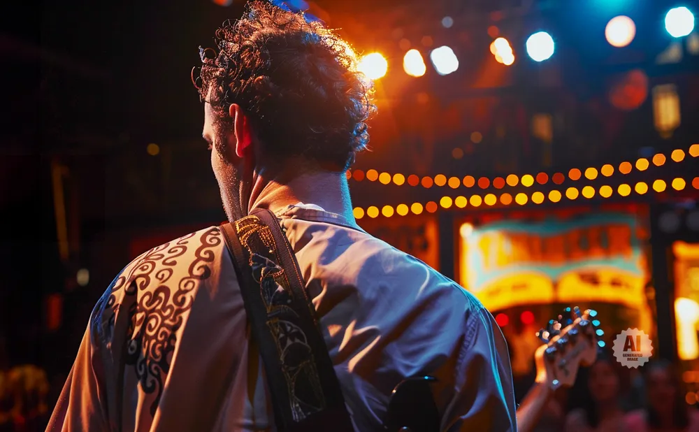 Musician from behind, playing guitar on a stage with colorful lights and a blurry audience.