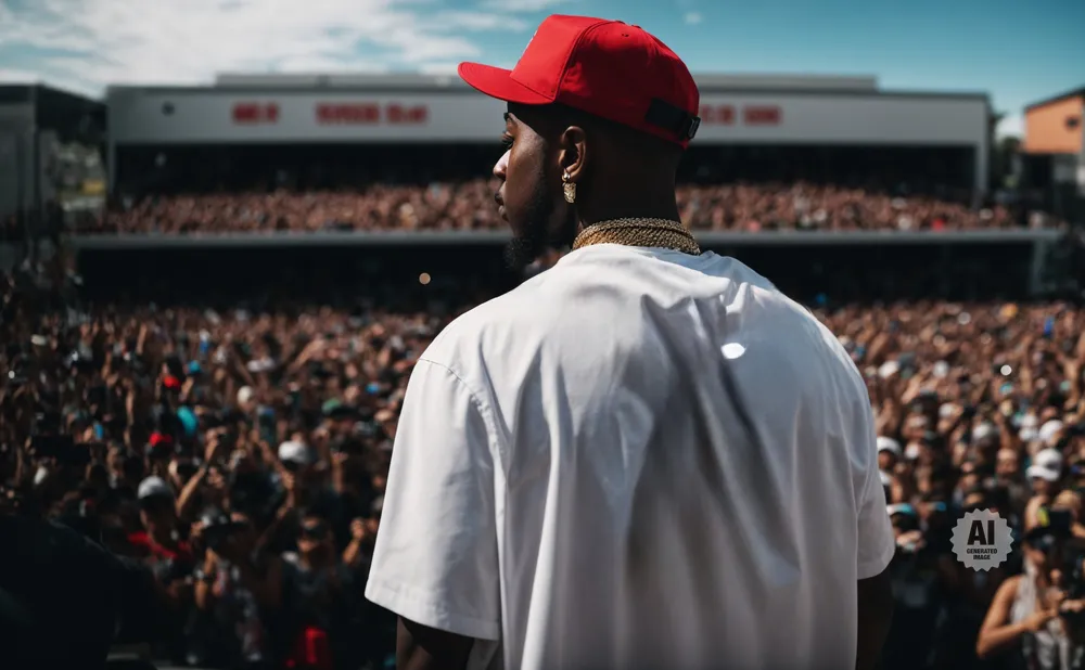Rapper from behind on stage, wearing a red cap and white t-shirt, facing a large cheering crowd.