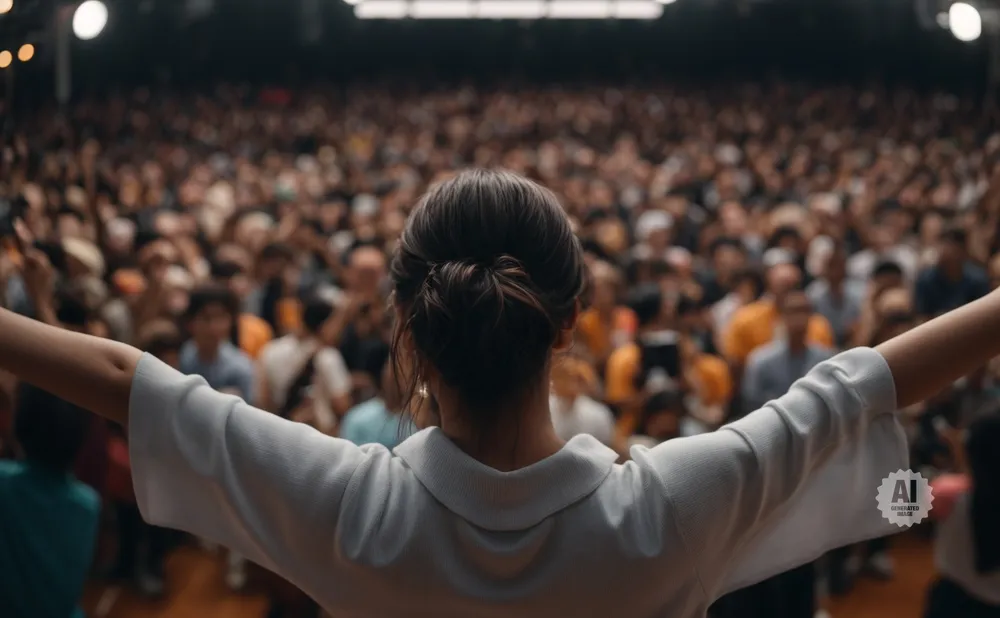 A woman in a white shirt with arms outstretched faces a large, blurred crowd.