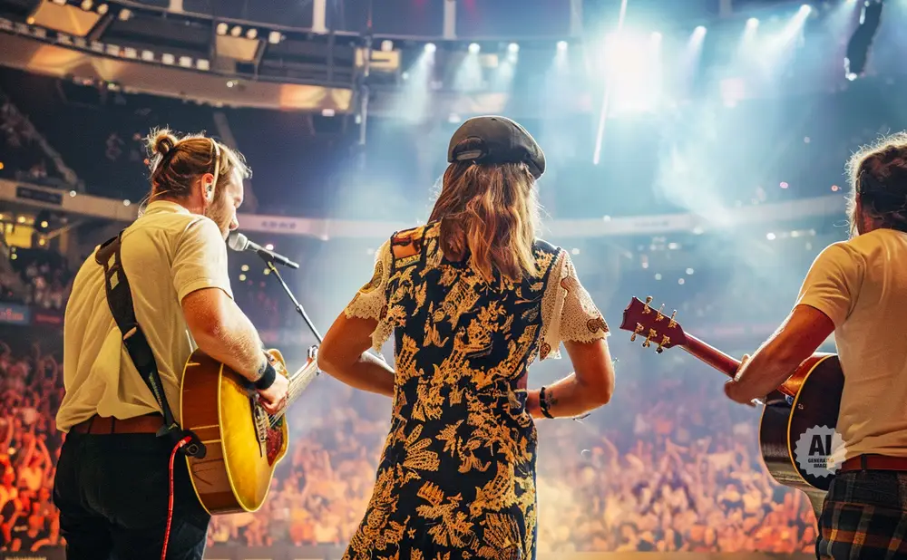 Three musicians perform on stage with guitars in front of a cheering crowd.