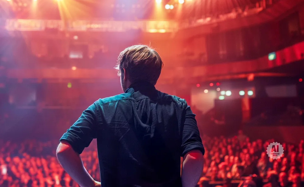 Man in a dark shirt facing a red-lit audience from a stage.