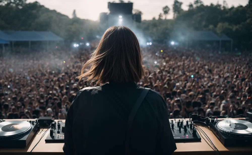 DJ playing music to a large crowd at an outdoor festival.