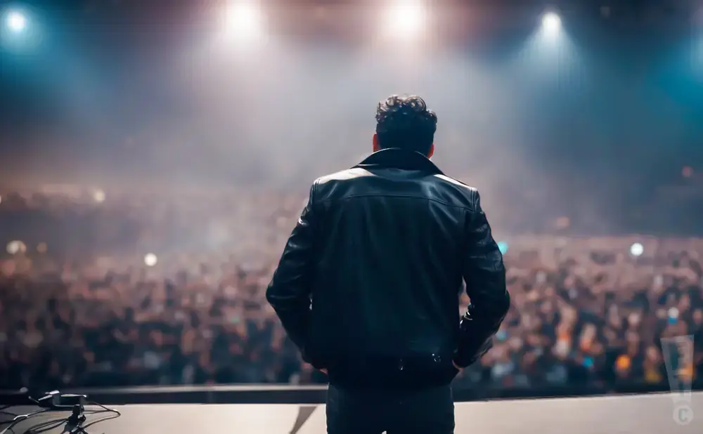 Man in leather jacket on stage facing a cheering crowd, bathed in spotlight.