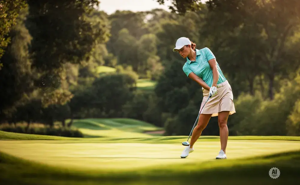 A female golfer in a teal shirt and tan skirt swings her club on a sunny golf course.