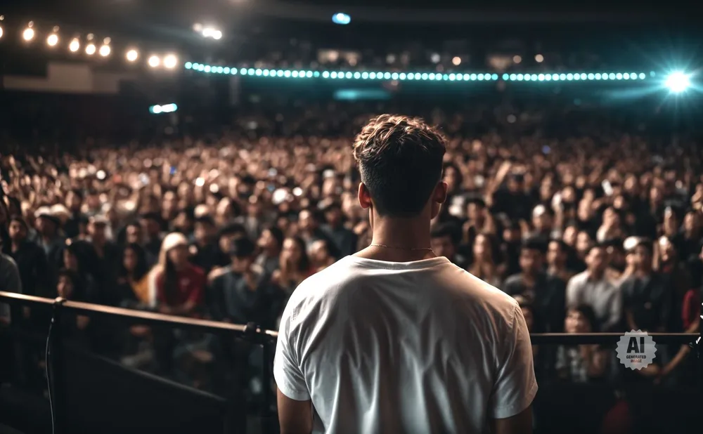 A man in a white t-shirt faces a large, cheering crowd at a concert.