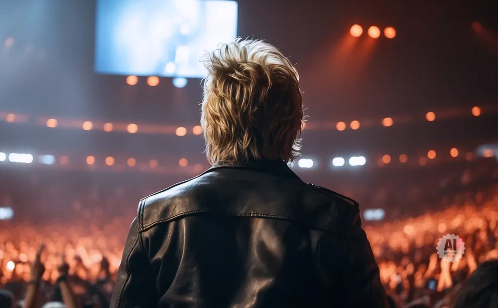 Back view of a blond-haired performer in a leather jacket on stage, facing a cheering crowd.