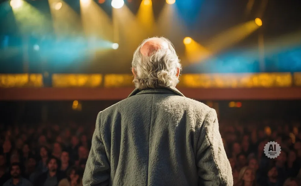 An older man in a coat faces a stage with bright lights and a blurred audience.