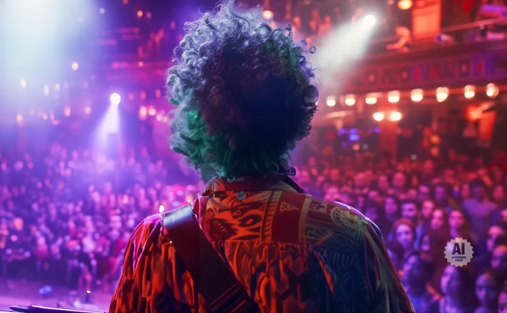 A person with curly hair from behind, facing a crowd at a concert.