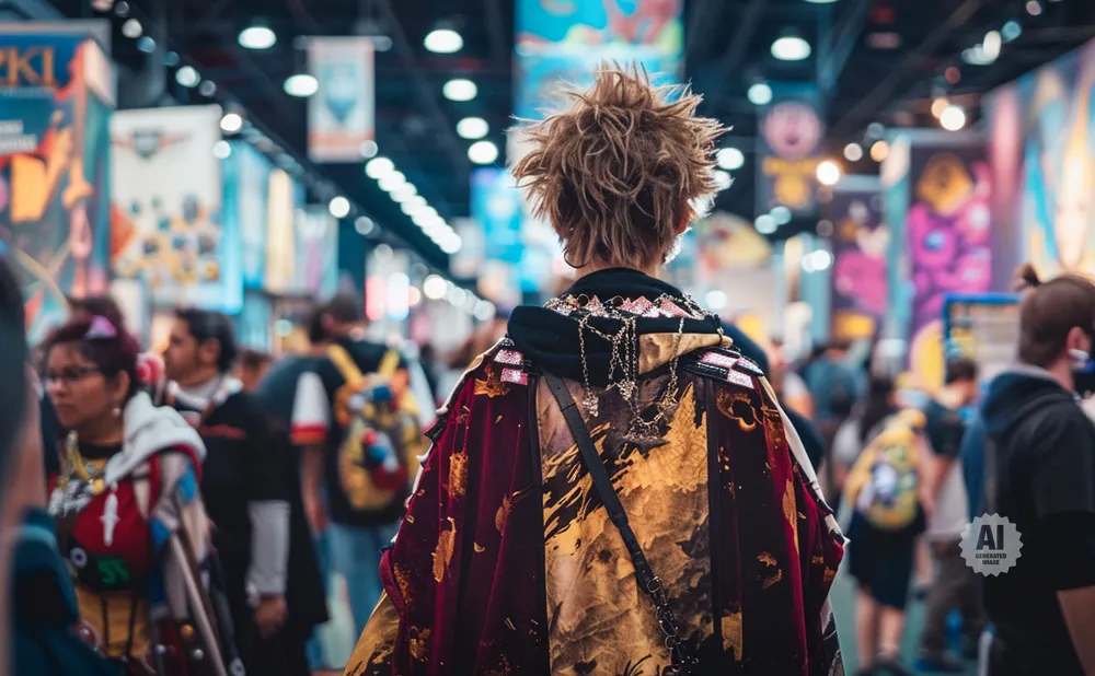 Person with spiky hair wearing a decorative cape walks through a crowded convention hall.