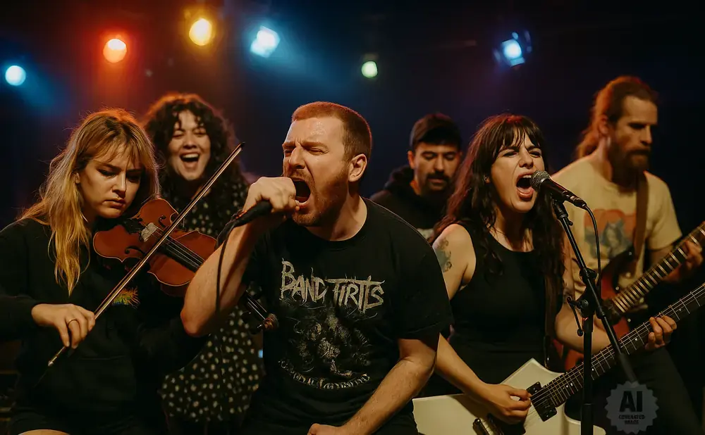 A band performs on stage with a violinist, two singers, and guitarists.