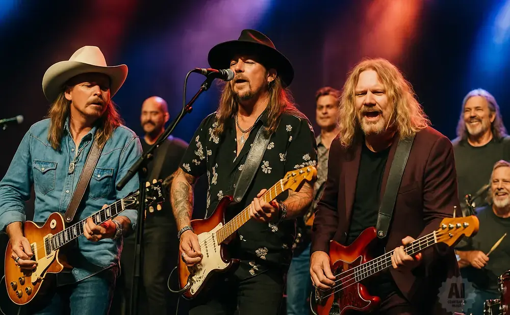 A band performs on stage with three lead singers and guitarists.