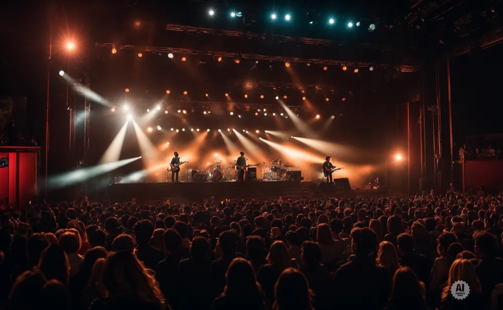 A band performs on a brightly lit stage to a large, cheering crowd at a concert.