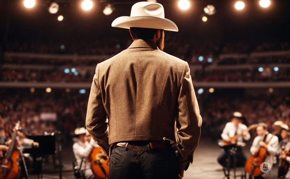 A cowboy in a brown jacket and white hat stands facing away from the camera on a stage with a blurred audience and musicians.