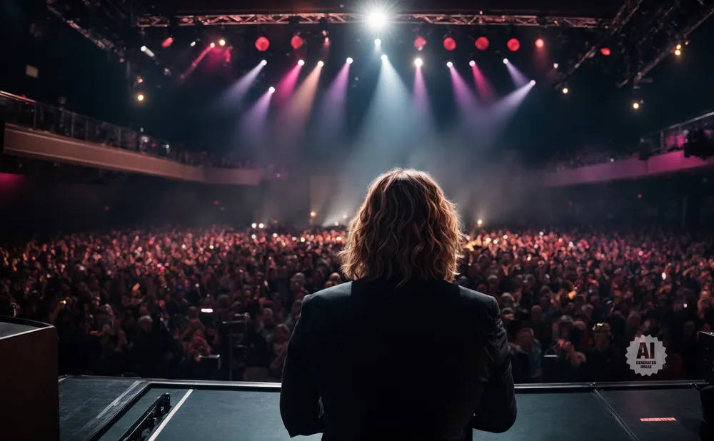 A performer with wavy hair faces a cheering crowd on a stage lit by purple and white spotlights.