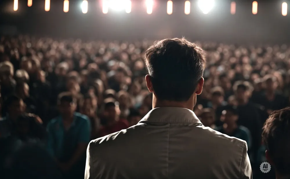 Man in a light jacket addresses a large, dimly lit audience.