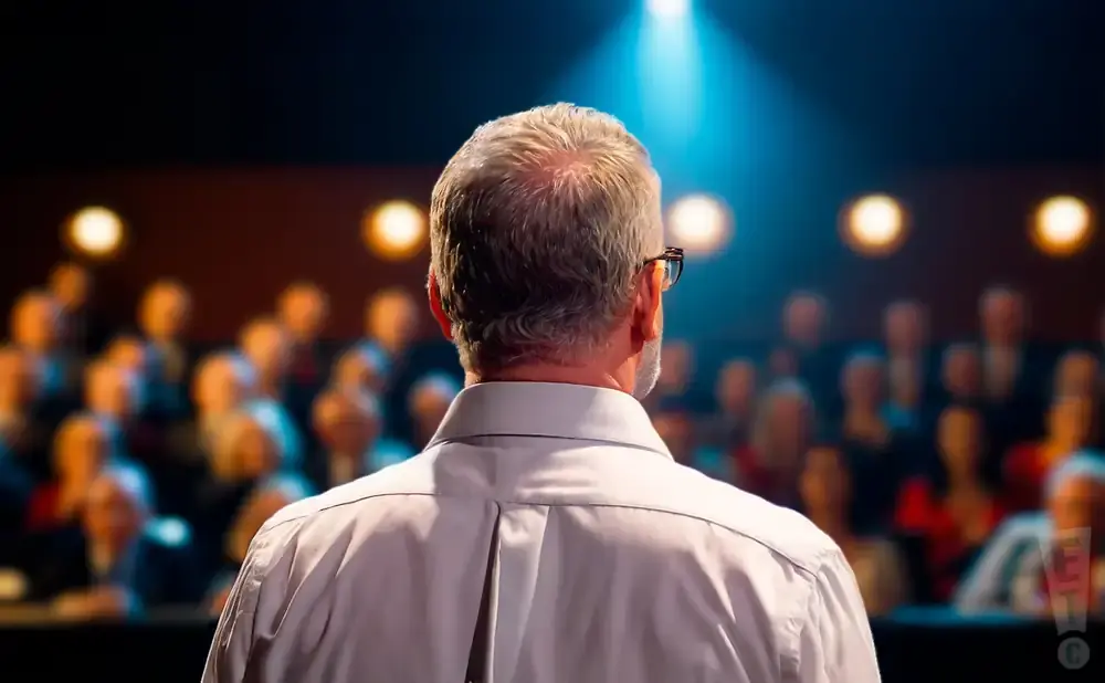 Man in a light shirt speaking to a blurred audience under a spotlight.
