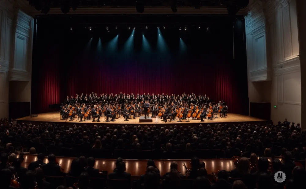 An orchestra and choir perform on a stage in a concert hall to a seated audience.
