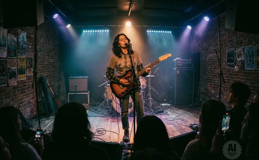 A woman plays guitar and sings on stage at a dimly lit concert venue, with an audience watching.