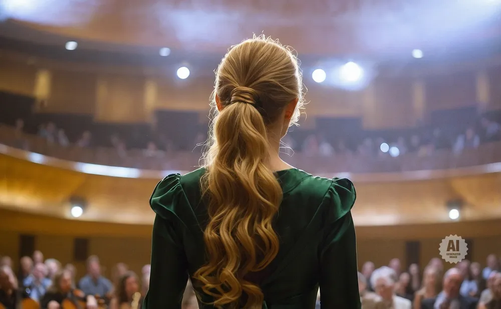 Back view of a woman with blonde hair in a ponytail, wearing a green dress on a stage in front of an audience.