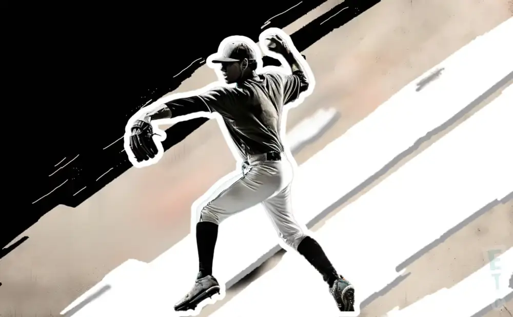A baseball pitcher in mid-throw, silhouetted against a stark black and white abstract background.