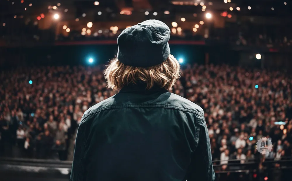 View from behind of a person wearing a dark baseball cap and jacket on stage, facing a large, dimly lit audience.