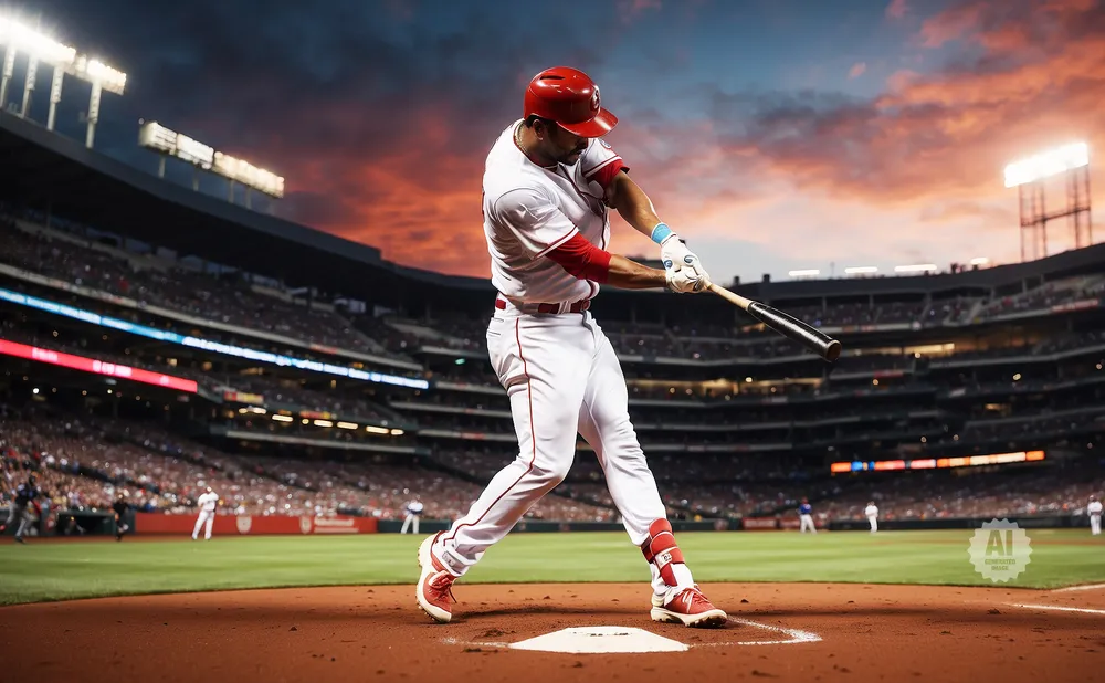 A baseball player in a red helmet and white uniform swings a bat at a stadium during a sunset.
