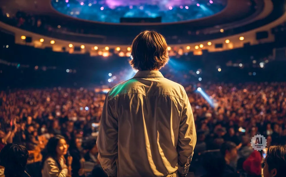 Man on stage facing a cheering crowd in a concert venue with bright lights.