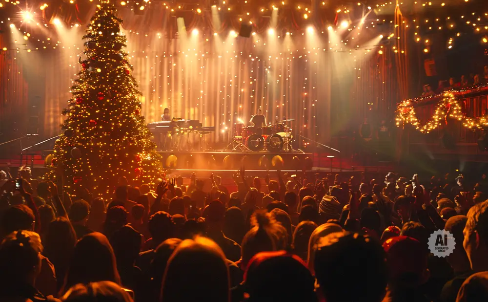 A live concert with a decorated Christmas tree on stage and an excited audience.