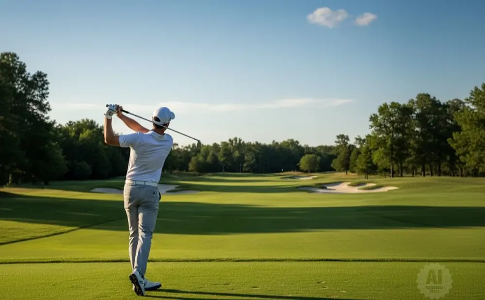Golfer in white swings at a golf course with green fairways and sand traps.