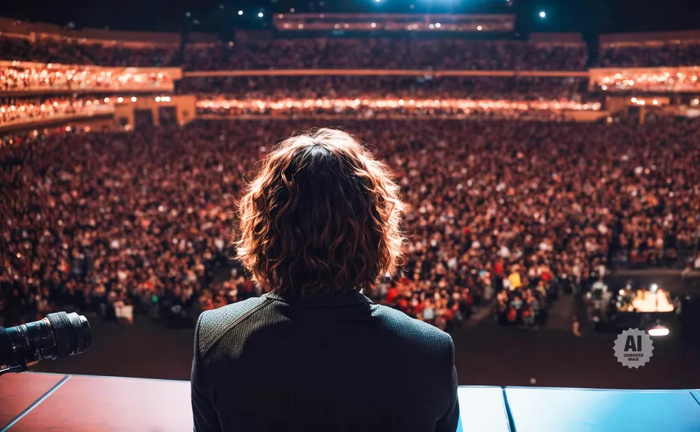 A person with curly hair faces a massive, cheering crowd in a stadium.
