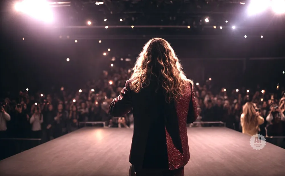 Performer in a sparkly jacket on stage facing a crowd holding up their phones.