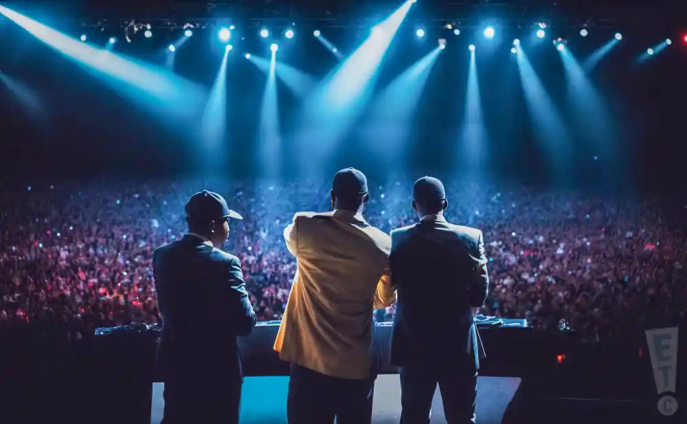 Three men in suits and hats on stage, facing a cheering crowd under bright blue spotlights.