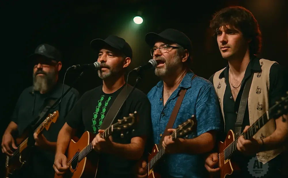 A band of four men playing guitars and singing on a dimly lit stage.