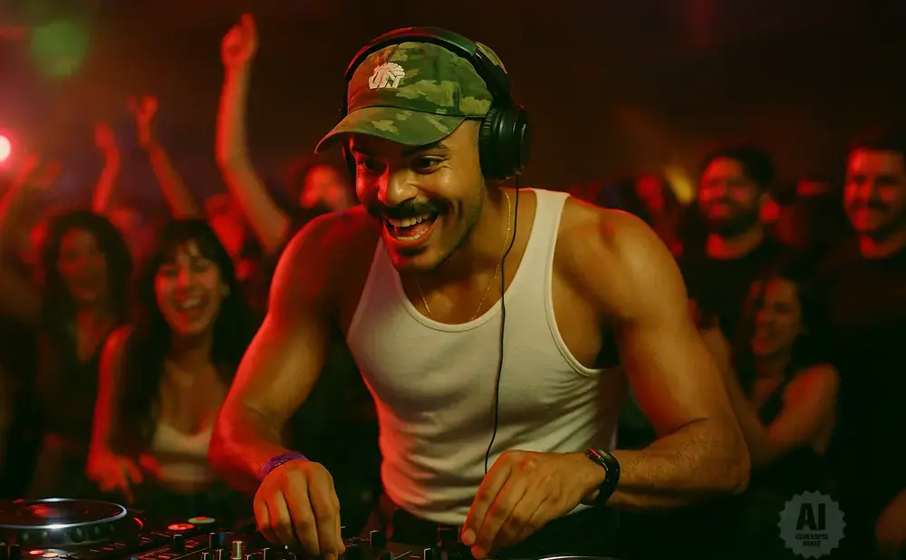 A Black male DJ in a white tank top and camouflage hat smiles while wearing headphones, with a crowd dancing in the background.