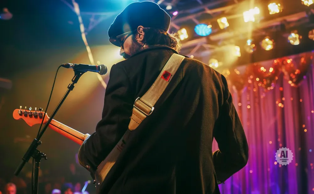A guitarist in a black coat and cap plays on a dimly lit stage with colorful lights.