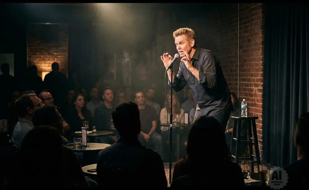 Comedian Bill Engvall speaking into a microphone, wearing a black suit and shirt.