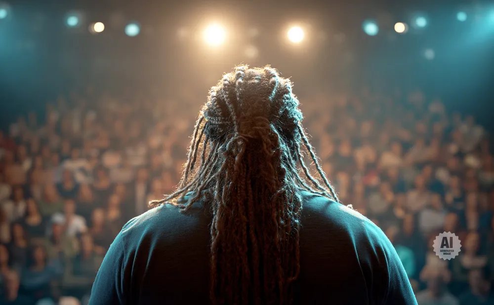 A person with dreadlocks faces away from the camera, looking at a large audience in a dimly lit venue.