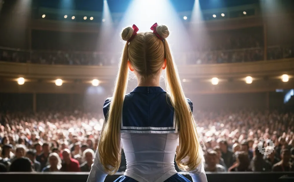 A person with blonde pigtails stands on stage, facing a large, dimly lit audience.