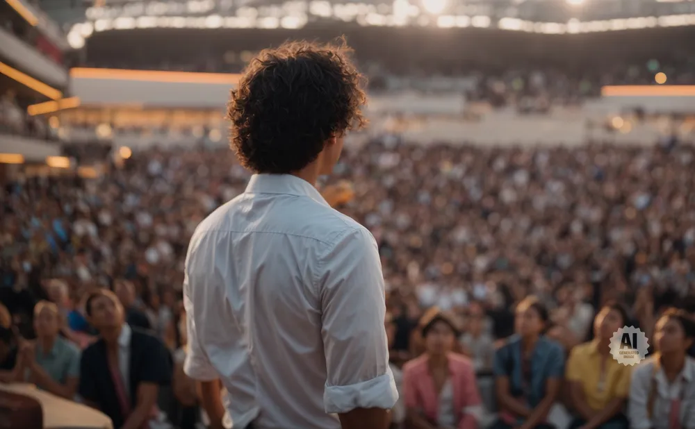 Man with curly hair in a white shirt faces a large, blurred audience at an outdoor event.