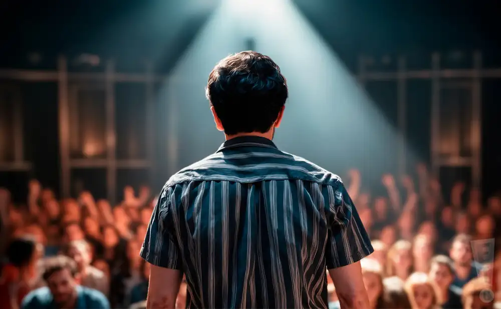 A man in a striped shirt faces away from the camera on a stage, addressing a blurred, cheering audience.