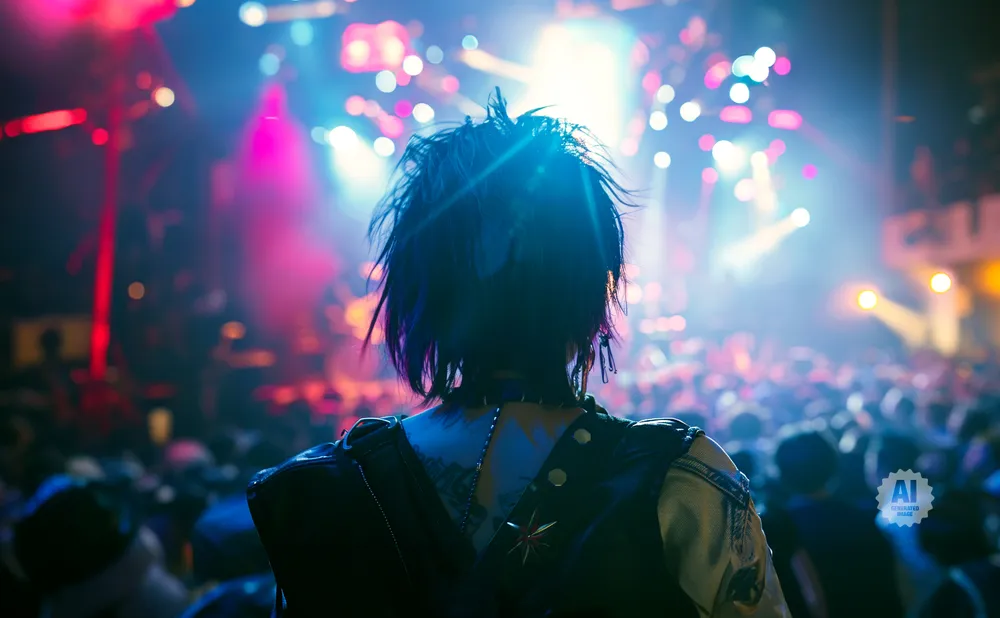 Person with spiky hair facing a concert crowd with colorful lights.