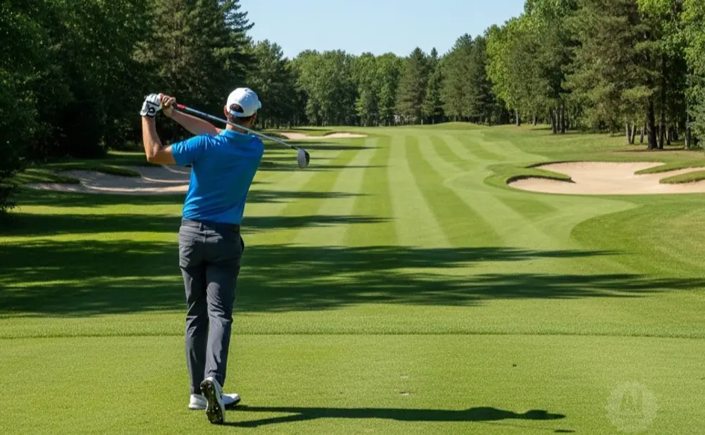 Golfer swings on a sunny golf course with sand traps and trees.