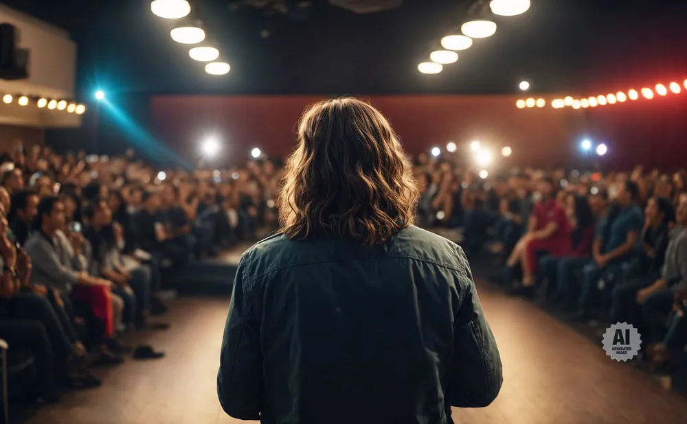 A person with long hair faces a seated audience in a dimly lit auditorium with bright stage lights.