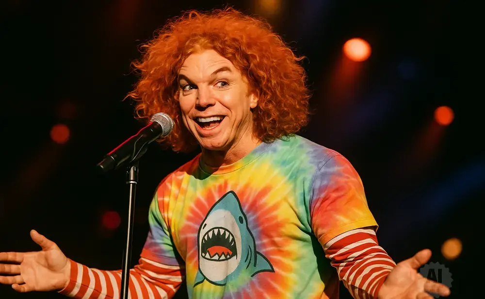Comedian Carrot Top with bright orange curly hair, wearing a tie-dye shirt with a shark graphic, stands at a microphone on stage.
