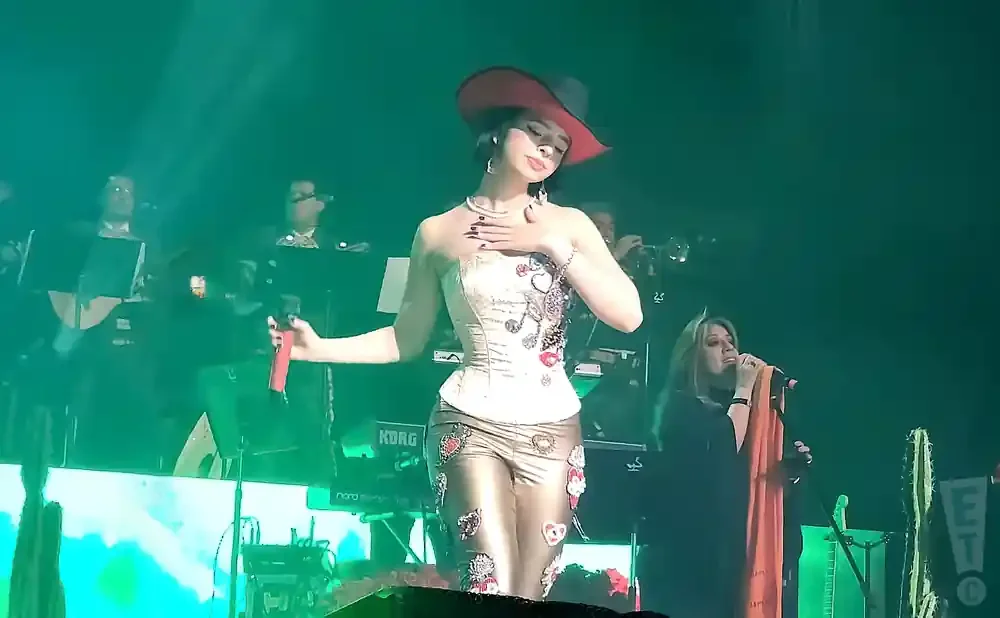 A woman in a white corset and gold pants, wearing a red hat, performs on stage with a band.