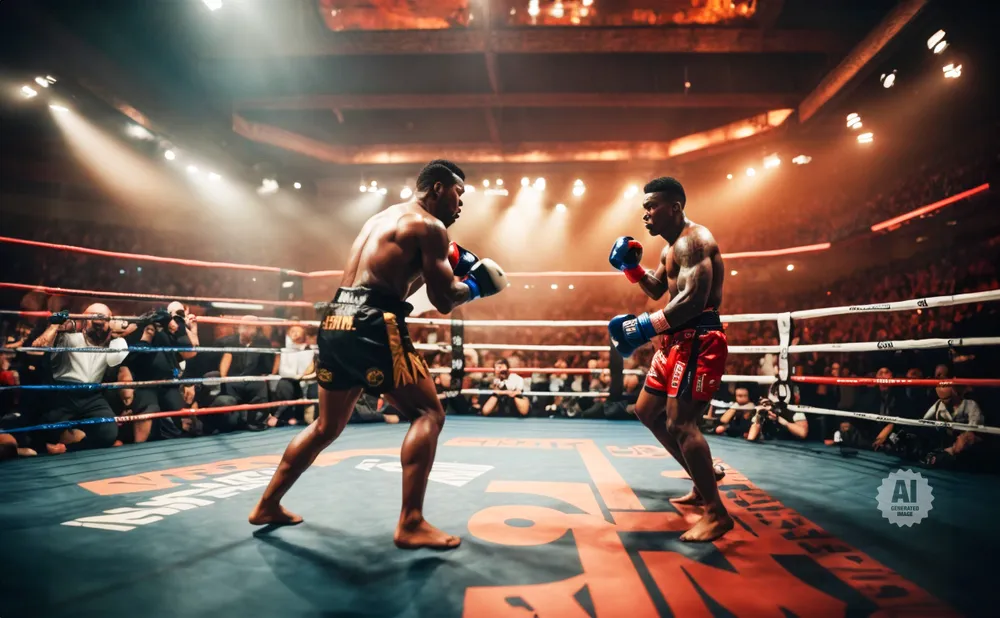 Two boxers in a ring, one in black shorts, the other in red shorts, facing each other under bright lights.